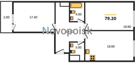Двухкомнатная квартира 79.2 м²