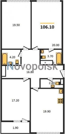 Трёхкомнатная квартира 106.1 м²
