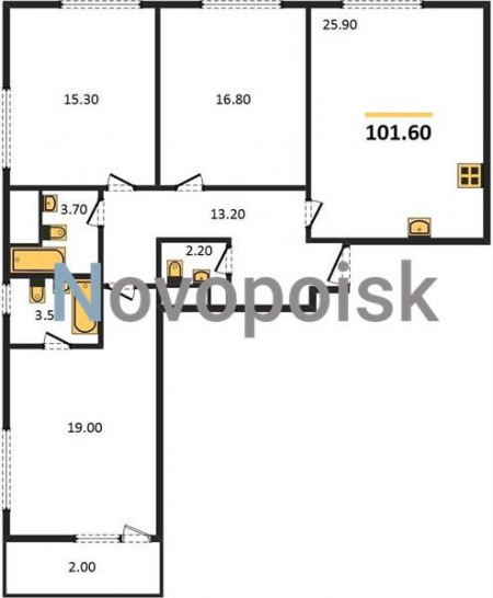 Трёхкомнатная квартира 101.6 м²