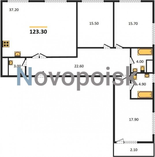 Трёхкомнатная квартира 123.3 м²