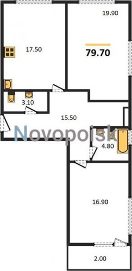 Двухкомнатная квартира 79.7 м²