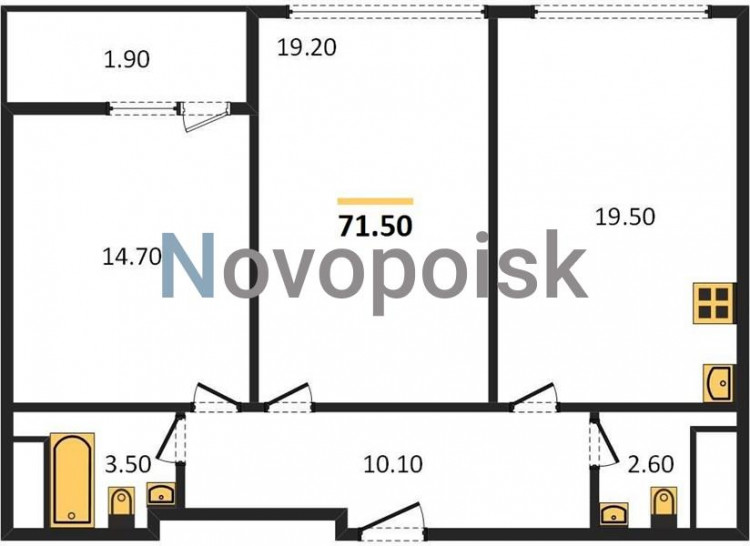 Двухкомнатная квартира 71.5 м²