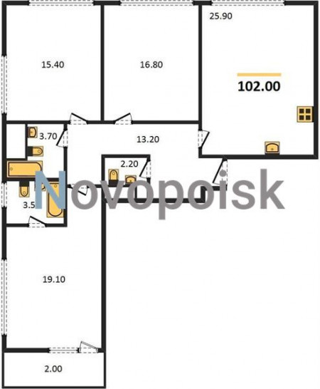 Трёхкомнатная квартира 102 м²